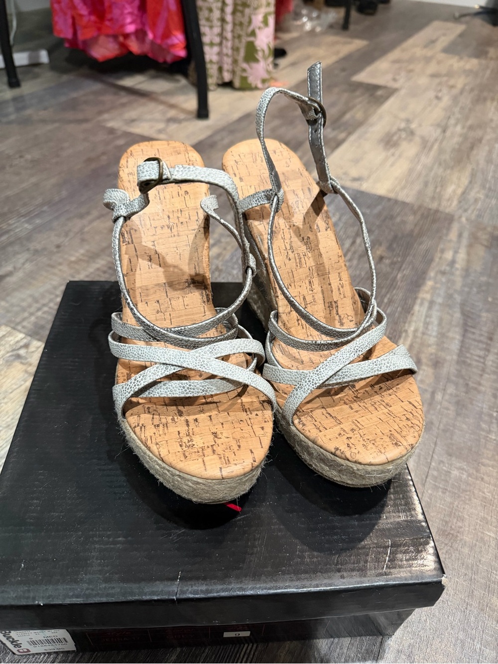 Buckle Silver Cork Espadrille Wedge Sandals